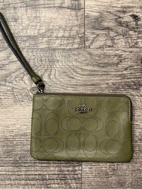 Coach Olive Green Perforated Leather Wristlet